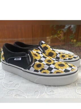 Vans Asher Checkerboard Sunflower Slip on Skater Sneakers Youth 3 Women US 5.5